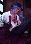  1boy absurdres black_gloves black_pants blue_hair bodypaint cigar cu_chulainn_(fate)_(all) cu_chulainn_alter_(fate/grand_order) dress_shirt earrings facepaint fate/grand_order fate_(series) fedora gloves grin hat heroic_spirit_formal_dress highres indoors jewelry juliana_sampaio long_hair looking_at_viewer open_clothes open_shirt pants parted_lips ponytail red_eyes shirt signature smile solo spiked_hair spikes tail type-moon undone_necktie 