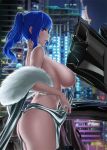  1girl ass azur_lane backless_dress backless_outfit bag bangs bare_shoulders blue_hair blush breasts car cityscape covered_nipples dress feather_boa from_side ground_vehicle halter_dress handbag holding_purse hyo18 jewelry large_breasts long_hair looking_at_viewer motor_vehicle necklace pink_eyes plunging_neckline ponytail revealing_clothes sideboob sidelocks silver_dress st._louis_(azur_lane) st._louis_(luxurious_wheels)_(azur_lane) 
