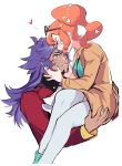  1boy 1girl blush carrying closed_eyes couple dark_skin dark_skinned_male eyewear_on_head facial_hair forehead_kiss hair_ornament heart heart_hair_ornament hetero highres kiss leon_(pokemon) long_hair nail_polish one_eye_closed orange_hair pokefan_cheng pokemon pokemon_(game) pokemon_swsh purple_hair side_ponytail sonia_(pokemon) sunglasses trench_coat yellow_eyes 