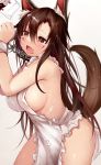  1girl animal_ear_fluff animal_ears apron bare_arms bare_shoulders breasts brooch brown_hair chain efe fang from_side hair_between_eyes highres imaizumi_kagerou jewelry large_breasts long_hair milk naked_apron open_mouth red_eyes sideboob simple_background skin_fang solo standing suggestive_fluid tears touhou very_long_hair wolf_ears 