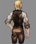  1boy absurdres ass blonde_hair brown_pants clenched_hand commentary_request cropped_legs fate/grand_order fate_(series) from_behind grey_background hand_on_hip highres male_focus pants ponytail rahato sakata_kintoki_(fate/grand_order) shirt short_hair simple_background sleeves_rolled_up solo sunglasses 