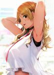  1girl armpits arms_behind_head arms_up bangs bare_shoulders black_eyes blonde_hair breasts brown_hair choker dark_skin gradient_hair highres idolmaster idolmaster_shiny_colors izumi_mei katsurai_yoshiaki large_breasts long_hair looking_at_viewer multicolored_hair open_mouth parted_lips sideways_mouth smile 