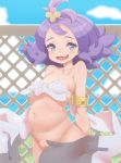  1girl acerola_(pokemon) ahoge armlet bare_shoulders blue_eyes blue_sky breasts cloud collarbone covered_nipples day hair_ornament highres looking_at_viewer navel open_mouth pokemon pokemon_(game) pokemon_sm purple_hair pussy short_hair sky small_breasts smile solo stomach tenako_(mugu77) 