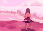  1girl back braid brown_hair cloud long_hair madotsuki ocean pink_background pink_sea pink_skirt pink_sweater seasting skirt socks solo standing sweater yume_nikki 