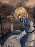  1girl ahoge armor armored_dress artoria_pendragon_(all) blonde_hair breastplate brown_sky closed_eyes cross crying excalibur fate_(series) from_side gauntlets highres juliet_sleeves long_sleeves planted_sword planted_weapon puffy_sleeves saber short_hair sii_artatm solo sword weapon 