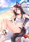  1girl animal_ears arknights bare_arms bare_legs bare_shoulders barefoot beach beach_chair bikini black_hair blue_sky breasts brown_eyes chinese_commentary cleavage commentary_request day flower food hair_flower hair_ornament hand_up head_tilt holding holding_food long_hair navel ocean outdoors pocky red_flower ryuu32 shadow sitting sky small_breasts solo stomach swimsuit tail texas_(arknights) thighs white_bikini wolf_ears wolf_tail 