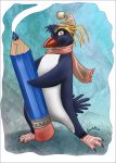  2020 avian beak bird caribou_(artist) claws clothing digital_media_(artwork) hat headgear headwear holding_object holding_weapon looking_at_viewer penguin red_beak smile solo weapon 