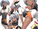  1girl bangs bea_(pokemon) bent_over black_bodysuit black_hairband bodysuit bodysuit_under_clothes bow_hairband collared_shirt commentary_request eating falinks gen_8_pokemon gym_leader hairband hand_up highres holding knee_pads leg_up looking_down medium_hair pokemon pokemon_(creature) pokemon_(game) pokemon_swsh print_shirt print_shorts shiny shiny_skin shirt short_sleeves shorts silver_eyes silver_hair sparkle sweat tied_shirt white_background yuuyuu_(yuuki1771) 