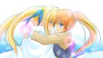  blonde_hair blue_eyes blush carrying cloud cloudy_sky couple eye_contact fate_testarossa flying happy kerorokjy long_hair looking_at_another lyrical_nanoha mahou_shoujo_lyrical_nanoha mahou_shoujo_lyrical_nanoha_a&#039;s orange_hair princess_carry red_eyes school_uniform side_ponytail simple_background sky smile takamachi_nanoha uniform very_long_hair yuri 
