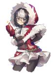  1girl :3 azur_lane black_hair black_legwear black_ribbon blue_eyes blush breasts capelet eskimo_(azur_lane) fur-trimmed_capelet fur_trim glasses gloves looking_at_viewer mamemena pantyhose red_capelet red_gloves ribbon round_eyewear short_hair small_breasts solo white_hair 