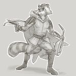 2020 anthro bard belt biped boots bottomwear cloak clothed clothing crossbow digital_media_(artwork) eyebrows footwear front_view full-length_portrait fully_clothed grey_background greyscale hair holding_musical_instrument holding_object holding_weapon lion21 lute male mammal monochrome musical_instrument pants plucked_string_instrument portrait procyonid raccoon ranged_weapon ringtail short_hair simple_background solo standing string_instrument weapon 