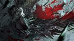  1boy black_cloak black_coat black_feathers blood blood_splatter bloodborne bloody_clothes bloody_crow_of_cainhurst chikage_(bloodborne) cloak coat falling_feathers feathers from_above full_body gauntlets highres holding holding_sword holding_weapon male_focus mask mrpk silver_hair solo standing sword weapon 
