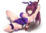  1girl animal_ears arm_behind_back arm_up armpits bangs bare_legs breasts bunny_ears bunny_tail bunnysuit cleavage detached_collar fake_animal_ears fate/grand_order fate_(series) gae_bolg hair_between_eyes high_heels highleg highleg_leotard large_breasts leaning_back leotard long_hair looking_at_viewer pantyhose piercing_bunny polearm ponytail purple_hair purple_leotard red_eyes revision scathach_(fate)_(all) scathach_(fate/grand_order) simple_background smile soba_(saz) spear tail thighs weapon white_background wrist_cuffs 