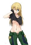  1girl alice_gear_aegis arm_behind_back artist_name bangs black_shirt blonde_hair blue_eyes breasts cargo_pants commentary cowboy_shot dog_tags eyebrows_visible_through_hair green_panties green_pants groin highres kurokage lifted_by_self long_hair looking_at_viewer medium_breasts navel one_eye_closed open_fly open_mouth panties pants shirt shirt_lift signature simple_background solo standing sweat t-shirt underboob underwear virginia_glynnberets white_background wiping_sweat 
