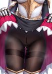  1girl absurdres armor bar_censor black_legwear censored genshin_impact highres lifted_by_self lower_body noelle_(genshin_impact) pantyhose pointless_censoring shikikan simple_background skirt skirt_lift solo sweat upskirt white_background 