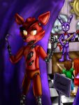  2015 absurd_res animatronic anthro artyjoyful bonnie_(fnaf) buckteeth canid canine cheek_tuft chest_tuft child clothing eye_patch eyewear facial_tuft female five_nights_at_freddy&#039;s fox foxy_(fnaf) gold_(metal) gold_tooth guitar hi_res hook human lagomorph leporid long_ears machine male mammal musical_instrument pirate_cove plucked_string_instrument purple_body purple_eyes rabbit robot sign signature standing string_instrument teeth text tuft video_games yellow_eyes young 