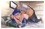  2boys alternate_costume archer blue_hair brown_eyes couple cu_chulainn_(fate)_(all) dark_skin dark_skinned_male earrings fate/grand_order fate/stay_night fate_(series) glasses jewelry lancer makina_(nikki_m7_) male_focus multiple_boys muscle on_person red_eyes summer_casual_(fate/grand_order) tank_top undressing white_hair white_tank_top yaoi 