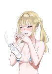  1girl absurdres bangs bikini blonde_hair blue_eyes blush bottle breasts drooling fffukuzawa highres micro_bikini milk milk_bottle one_eye_closed open_mouth original simple_background small_breasts snot solo striped striped_bikini swimsuit tears teeth twintails white_background 