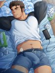  1boy abs bara bed bed_sheet boxers chest erection erection_under_clothes facial_hair highres long_sleeves male_focus midriff_peek muscle navel navel_hair original phone pillow shirt short_hair sideburns sleeping solo stubble thick_thighs thighs tight tight_shirt tissue tptptpn underwear wet_dream 