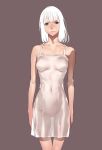  1girl bangs breasts brown_eyes collarbone covered_navel cowboy_shot eyebrows_visible_through_hair frown grey_background lingerie looking_at_viewer medium_breasts negligee original see-through short_hair simple_background solo takeda_sun thighs underwear white_hair 