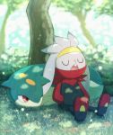  blurry blurry_background closed_eyes commentary_request fang gen_2_pokemon gen_8_pokemon grass hands_in_pockets lying no_humans on_stomach one_eye_closed open_mouth pokemon pokemon_(creature) quilava raboot red_eyes shade signature sitting tem_(mimoteurur013) tongue tree watermark 
