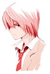  1boy closed_mouth collared_shirt death_note grey_jacket jacket ka_(marukogedago) looking_at_viewer male_focus necktie pink_hair red_eyes red_neckwear school_uniform shirt simple_background solo upper_body white_background white_shirt wing_collar yagami_light 