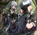  1girl ahoge arknights bangs bare_shoulders black_legwear brown_eyes commentary crocodilian_tail flower from_behind hair_between_eyes large_tail mirror no_shoes reflection renze_l short_hair silver_hair sitting tail tomimi_(arknights) wariza white_flower 