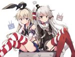  2girls amatsukaze_(kantai_collection) black_dress black_neckwear black_panties blonde_hair blue_sailor_collar blue_skirt blush brown_eyes collarbone crop_top dress elbow_gloves eyebrows_visible_through_hair feet_out_of_frame gloves hair_between_eyes hair_tubes highleg highleg_panties kantai_collection lifebuoy long_hair long_sleeves miniskirt multiple_girls neckerchief odawara_hakone panties parted_lips pleated_skirt purple_eyes red_legwear sailor_collar sailor_dress school_uniform serafuku shimakaze_(kantai_collection) silver_hair skirt sleeveless striped striped_legwear thighhighs two_side_up underwear white_gloves white_sailor_collar windsock 