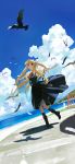  1girl absurdres air bangs bird black_footwear black_legwear blonde_hair blue_eyes blue_sky boots bow cloud commentary_request cumulonimbus_cloud day dress dutch_angle eyebrows_visible_through_hair feathers hair_bow highres kamio_misuzu kitou_sakeru kneehighs long_hair ocean open_mouth outdoors ponytail short_sleeves sidelocks sky summer water white_bow 