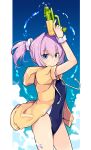  1girl blue_eyes blush closed_mouth competition_swimsuit cowboy_shot dated day eyebrows_visible_through_hair hair_between_eyes holding holding_water_gun hood hooded_jacket jacket kantai_collection odawara_hakone one-piece_swimsuit open_clothes open_jacket orange_jacket pink_hair ponytail scrunchie shiranui_(kantai_collection) short_hair short_sleeves solo swimsuit twitter_username water_gun white_scrunchie wrist_scrunchie 