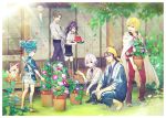  6+boys aqua_eyes bandana black_hair black_legwear blonde_hair blue_eyes blue_hair brown_hair bucket collared_shirt flower flower_pot food fox fruit fudou_yukimitsu heshikiri_hasebe honebami_toushirou japanese_clothes kneehighs konnosuke ladle leaf male_focus mikazuki_munechika morning_glory multiple_boys open_mouth pants ponytail purple_eyes purple_hair sandals sayo_samonji shirt shorts sliding_doors smile squatting touken_ranbu towel towel_around_neck track_suit walking watermelon white_hair wind_chime yamanbagiri_kunihiro yuma_(yuma001959) 