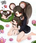  3girls absurdres animal_ear_fluff animal_ears bangs barefoot black_dress black_hair blush chibi closed_eyes closed_mouth commentary_request commission crossed_arms dokomon dress eyebrows_visible_through_hair eyewear_on_head flower highres hug hug_from_behind korean_commentary lily_pad long_hair looking_at_viewer lotus lying minigirl multiple_girls on_stomach open_mouth original parted_bangs pink_flower red_eyes shirt short_sleeves sitting squirrel_ears squirrel_girl squirrel_tail tail tail_raised very_long_hair wariza white-framed_eyewear white_dress white_shirt 