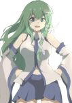  1girl :d absurdres bangs bare_shoulders blue_skirt breasts commentary cowboy_shot detached_sleeves eyebrows_behind_hair frog_hair_ornament glint green_eyes green_hair hair_between_eyes hair_ornament hair_tubes hands_on_hips highres kochiya_sanae kogane_ringo large_breasts long_hair long_sleeves looking_down miniskirt navel open_mouth pleated_skirt sidelocks simple_background skirt smile snake_hair_ornament solo touhou upper_teeth very_long_hair white_background wide_sleeves 