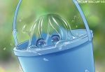  1girl blurry blurry_background bucket bucket_of_water commentary_request eyebrows_visible_through_hair kixyuresu liquid_hair looking_at_viewer minigirl monster_girl musical_note original slime_girl solo twitter_username water 