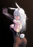  1girl alternate_costume animal_ears arknights ass bangs bare_back bare_shoulders bishi_(bishi) black_gloves black_leotard braid breasts brown_legwear bunny_ears bunny_tail chinese_commentary commentary_request cowboy_shot elbow_gloves french_braid frostnova_(arknights) gloves grey_eyes hair_ornament hair_over_one_eye hairclip highres large_breasts leotard long_hair looking_at_viewer pantyhose parted_lips playboy_bunny revision silver_hair solo standing strapless strapless_leotard tail thighs 