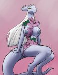  big_breasts breasts dragon feretta hair hi_res long_hair long_tail mis&#039;alia nipples questionable_clothing silver_dragon silver_skin simple_background sitting_on_tail white_hair yellow_eyes 