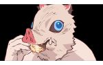  black_background blue_eyes boar_mask eating first_we_feast food hashibira_inosuke holding holding_food kimetsu_no_yaiba letterboxed photo-referenced ssambatea tempura tusks wall-eyed 