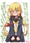  1girl black_sailor_collar black_skirt blonde_hair blush closed_mouth crescent crescent_moon_pin dated kantai_collection long_hair long_sleeves low_twintails odawara_hakone pleated_skirt remodel_(kantai_collection) sailor_collar satsuki_(kantai_collection) school_uniform serafuku simple_background skirt solo translation_request twintails twitter_username white_background yellow_eyes 