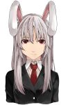  1girl animal_ears bangs blazer bunny_ears buttons collared_shirt expressionless jacket kurokoeda light_purple_hair long_hair looking_at_viewer necktie red_eyes red_neckwear reisen_udongein_inaba shirt simple_background solo touhou upper_body white_background white_shirt 