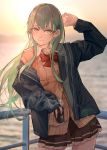  1girl absurdres aqua_eyes aqua_hair black_jacket black_skirt brown_cardigan cardigan commentary_request cowboy_shot cup disposable_cup hair_ornament hairclip highres jacket kantai_collection kumanoko long_hair looking_at_viewer ocean outdoors pleated_skirt railing skirt solo standing sunset suzuya_(kantai_collection) 