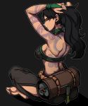  1girl absurdres akali akali_(redesign) arm_tattoo back back_tattoo bag barefoot black_background black_hair breasts bridal_gauntlets brown_pants dimples_of_venus dragon_tattoo full_body halter_top halterneck hands_in_hair highres hip_vent league_of_legends looking_back masgamjya medium_breasts ninja no_mask outline pants red_eyes redesign rope_belt sheath sheathed sideboob soles solo tattoo toes weapon 
