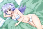  1girl absurdres artist_request bed bed_sheet bra breasts cleavage dokyuu_hentai_hxeros green_eyes highres jewelry long_hair looking_at_viewer lying megami necklace official_art panties pillow silver_hair tenkuuji_sora underwear 
