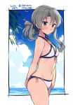  1girl asymmetrical_hair bikini blue_eyes blush breasts cloud cloudy_sky collarbone cowboy_shot dated day from_side hair_between_eyes kantai_collection long_hair navel nowaki_(kantai_collection) ocean odawara_hakone silver_hair sky small_breasts solo swimsuit twitter_username white_bikini 