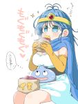  1girl ahoge bag blue_eyes blue_hair blush breasts cape capelet circlet cleavage cloak commentary dragon_quest dress eating elbow_gloves eyebrows_visible_through_hair food food_on_face gloves heart highres large_breasts long_hair looking_up naitou_kouse on_lap open_mouth potato sage_(dq3) sitting slime_(dragon_quest) smile sparkle sweat translated white_background white_dress yellow_gloves 