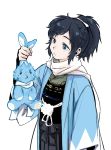  1boy :&lt; black_hair blue_eyes bow hair_bow hakama haori highres ieiieiiei japanese_clothes male_focus mole mole_under_eye ponytail scarf shinsengumi stuffed_animal stuffed_bunny stuffed_toy touken_ranbu white_scarf yamato-no-kami_yasusada 