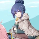  2girls bangs blue_hair blue_jacket blush brown_skirt cellphone commentary_request cup eyebrows_visible_through_hair food fringe_trim hair_between_eyes hair_bun hand_up highres holding holding_cup holding_food jacket kagamihara_nadeshiko kuena leaning_forward long_sleeves looking_at_viewer mug multiple_girls out_of_frame parted_lips phone pink_hair purple_eyes shima_rin sitting skirt solo_focus taking_picture yurucamp 