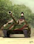  1girl binoculars brown_eyes brown_hair caterpillar_tracks dust garrison_cap girls_und_panzer ground_vehicle hat highres jagdpanther kanokoga kojima_emi kuromorimine_military_uniform military military_uniform military_vehicle motor_vehicle photoshop_(medium) smile solo tank tank_destroyer tree turretless_tank uniform 