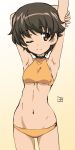  1girl ;) arm_grab arms_behind_head arms_up artist_name bangs bikini breasts brown_eyes brown_hair closed_mouth erakin girls_und_panzer gradient gradient_background groin halterneck highres looking_at_viewer lowleg lowleg_bikini nakajima_(girls_und_panzer) navel one_eye_closed orange_bikini short_hair signature skindentation small_breasts smile solo standing stretch swimsuit traditional_media underboob yellow_background 