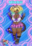  accessory animal_humanoid anthro big_breasts blonde_hair bottomwear breasts cat_humanoid clothing collar colored_nails domestic_cat english_text felid felid_humanoid feline feline_humanoid felis female gyaru hair hair_accessory hair_bow hair_ribbon heterochromia hi_res highlights_(coloring) huge_breasts humanoid jewelry mammal mammal_humanoid miniskirt nails punishedkom ribbons skirt smile solo text 