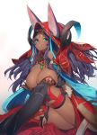  1girl absurdres animal_ears aqua_eyes breasts bridal_gauntlets circlet cleavage dark_skin ears_through_headwear egyptian_clothes fate/grand_order fate_(series) forehead_jewel gem head_chain highres jackal_ears jam_(nandade) large_breasts looking_at_viewer purple_hair queen_of_sheba_(fate/grand_order) solo 